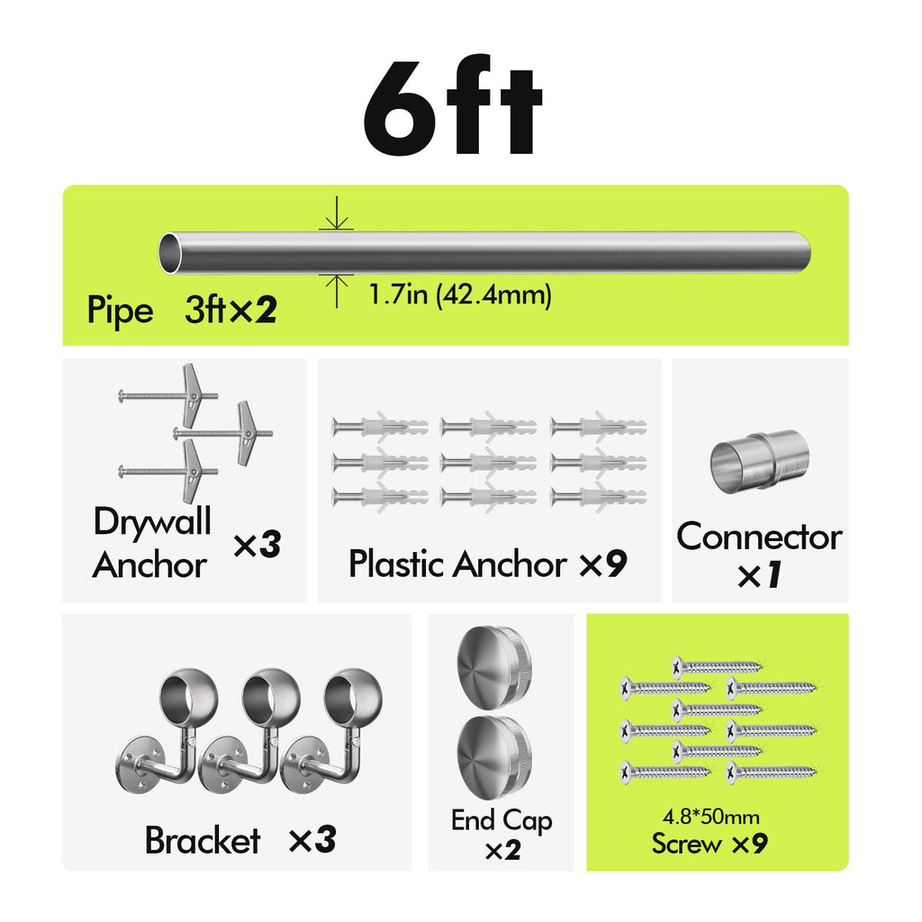 6FT Stair Handrail Kit, Stainless Steel 304, 1-11/16 Inch Railing, Silver