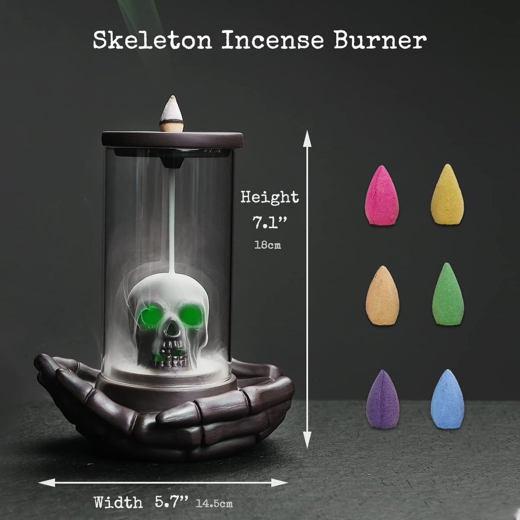 Skull Incense Burner Holder - Backflow Waterfall , LED Ceramic Unique Skeleton Incense Burner with 15 Incense Cones
