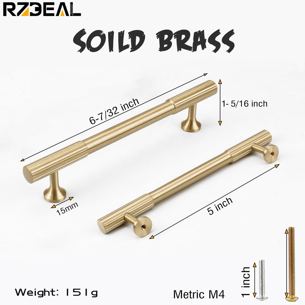 4pcs Solid Brass Gold Cabinet Pulls, 5-Inch Hole Centers Cupboard Handles Modern Drawer Pulls Bathroom Brushed Brass