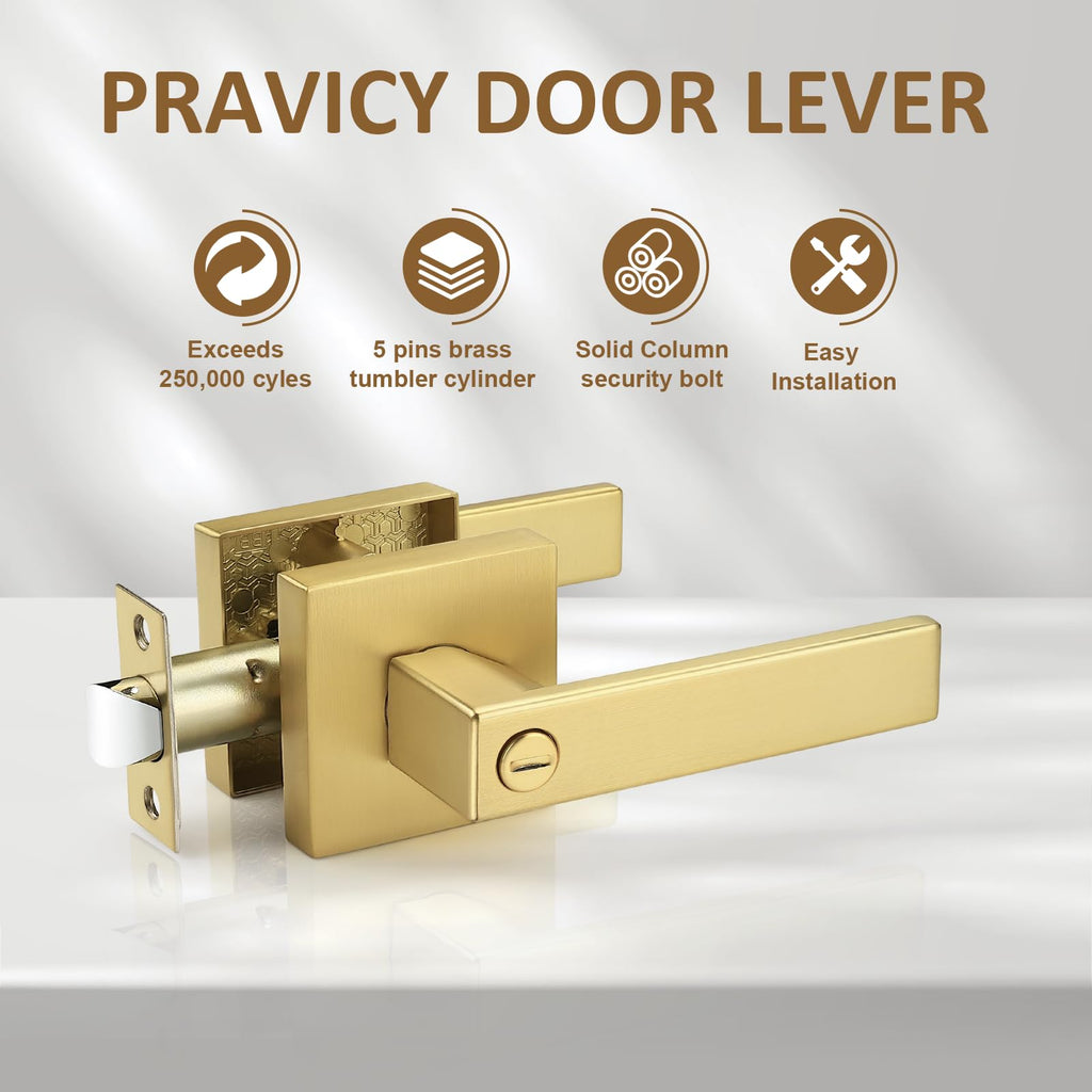 1 Pack Gold Privacy Door Handles,Heavy Duty Satin Brass Door Knobs with Lock ,Square Interior Keyless Locksets