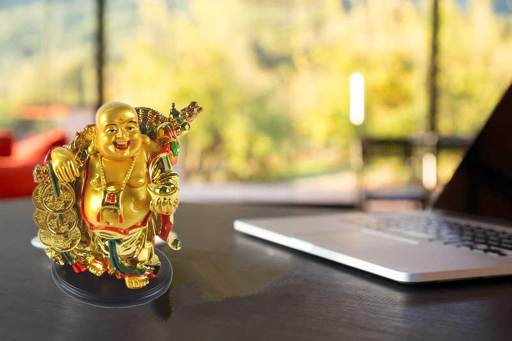 5.5" Feng Shui Golden Laughing Happy Buddha Statue Holding Ingot Home Office Decor