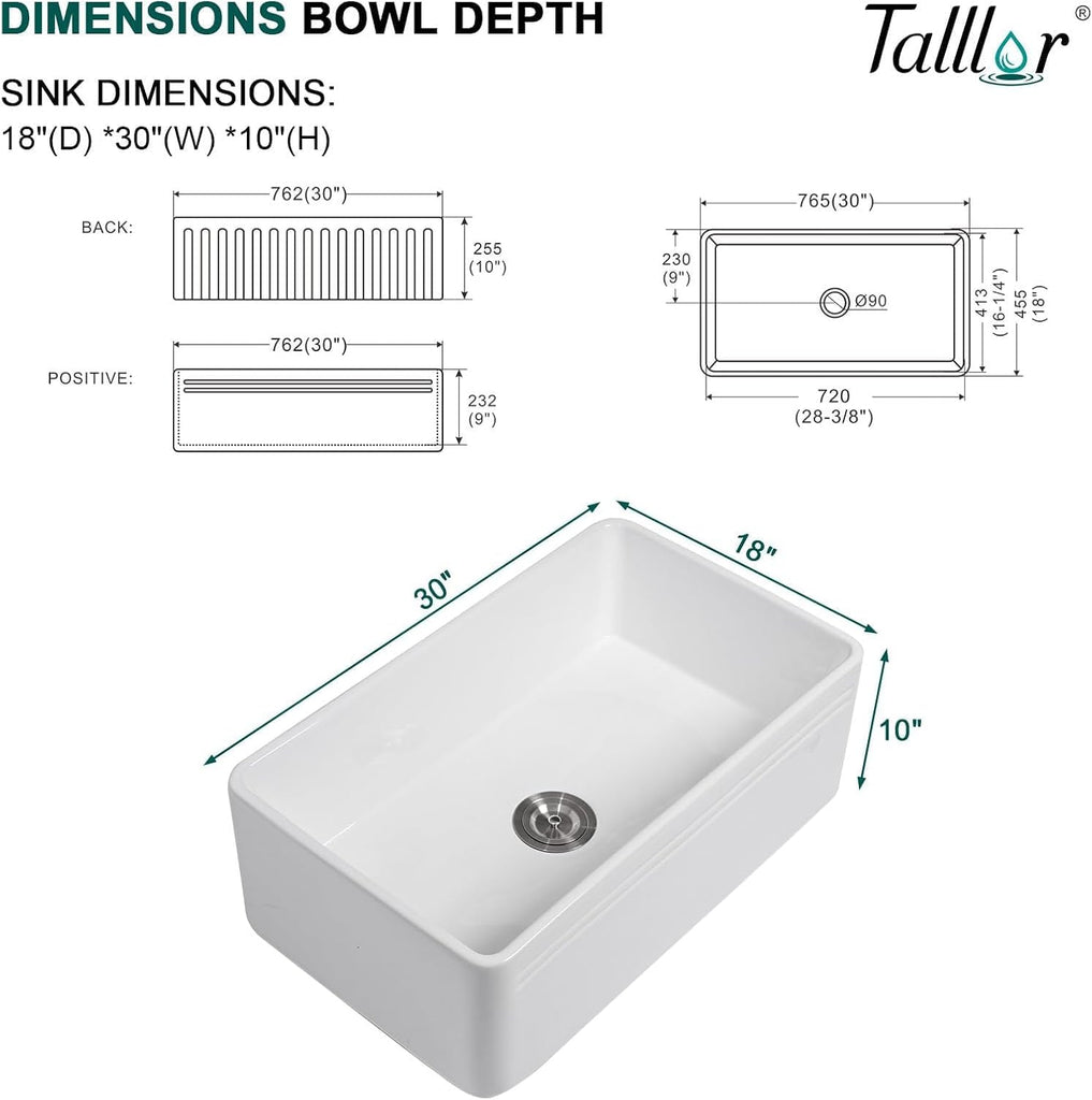 30 Inch Reversible White Farmhouse Sink - Country Style Fireclay Apron Front Farmhouse Kitchen Sink 30x18x10 Ceramic