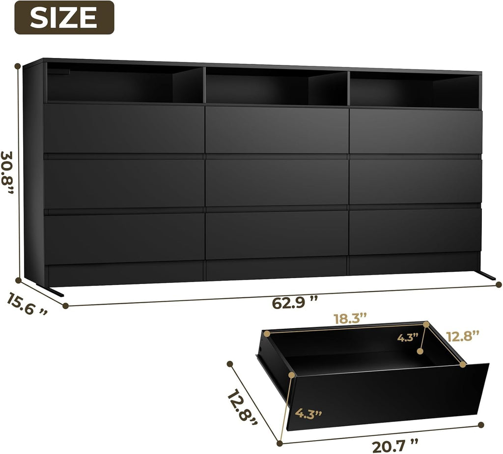 Drawer Dresser with Power Outlet, Black Dressers with LED Light, Dresser Chest of Drawers for Closet, Wood Dressers