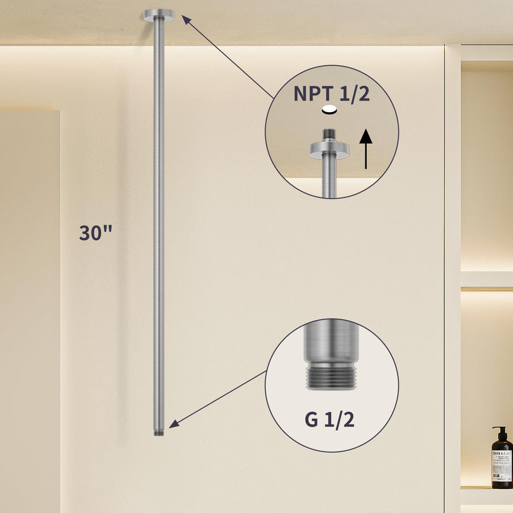 Brushed Nickel 30 Inches Ceiling Mount Round Shower Arm With Flange Straight Extender Extension Pipe Replacement Rain