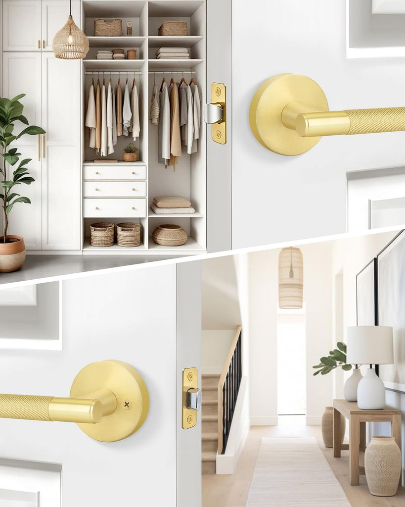 1 Pack Gold Door Handle Interior, Knurled Brushed Gold Door Handle, Passage Door Handle s and Closets, Reversible