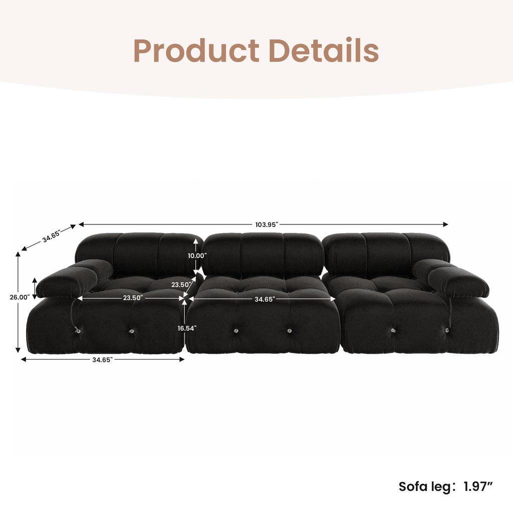 104'' Modular Sectional Sofa, Modern Luxury Velvet Bubble Couch, Deep Seat Cloud Sectional Black Couches (3 Seats