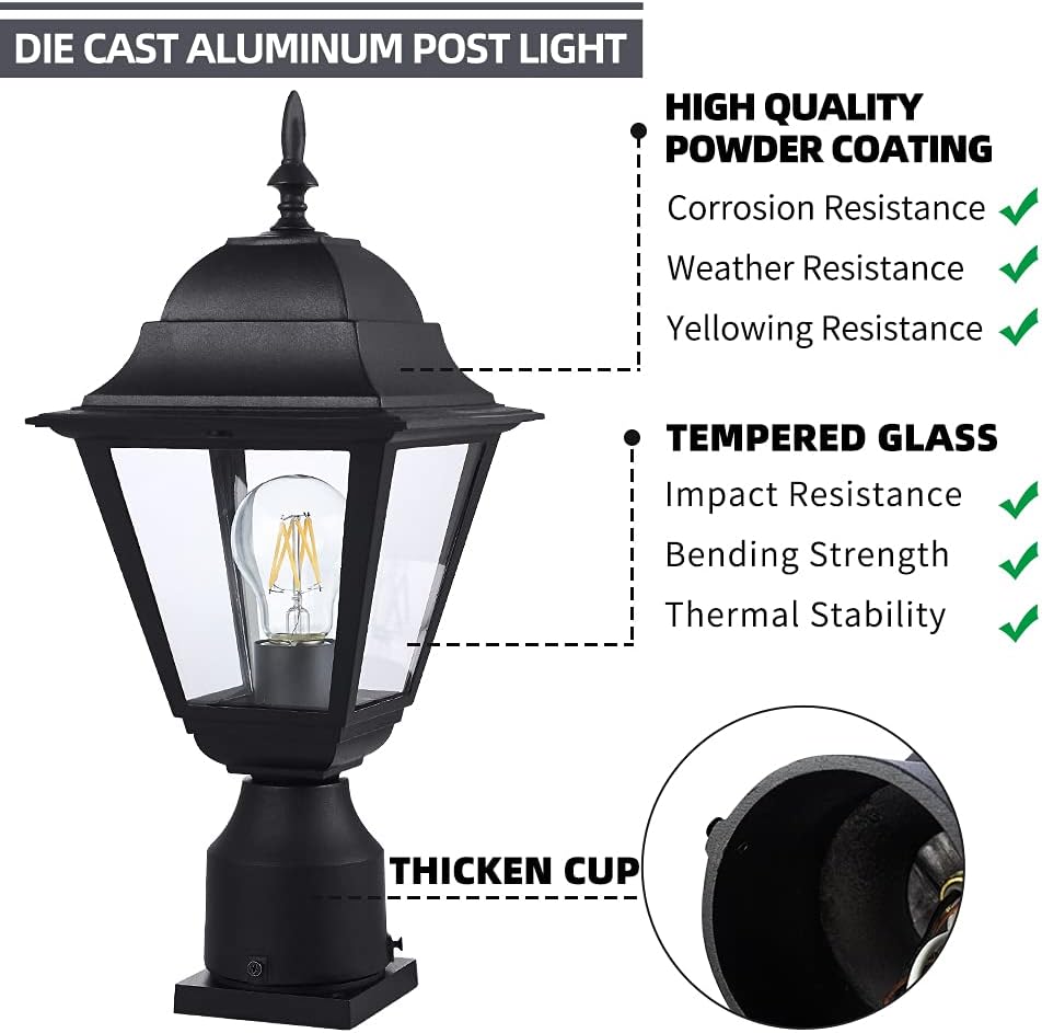Outdoor Post Light,Waterproof Cast Aluminium Lamp Post Light Fixture,Post Lantern with Pier Mount Base,Matte Black
