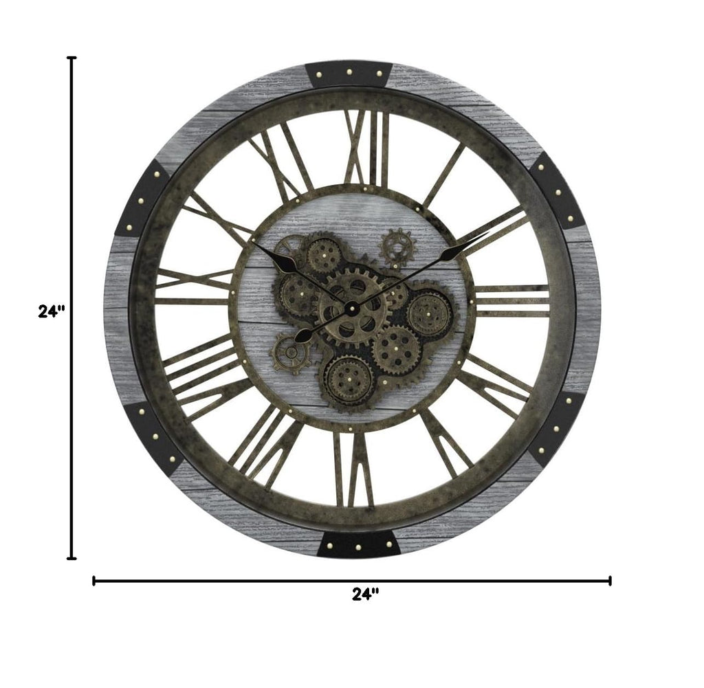 24" Large Wall Clock with Moving Gears, Oversize Vintage Industrial Rustic Farmhouse Clocks Decor Office Home, Solid