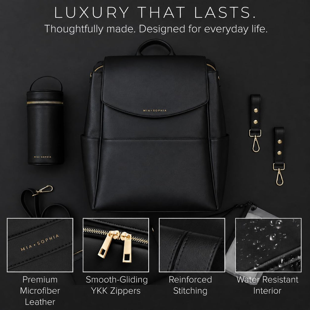Leather Diaper Bag Backpack with USB Charging port, Changing Pad, Stroller Straps (Black Olivia)