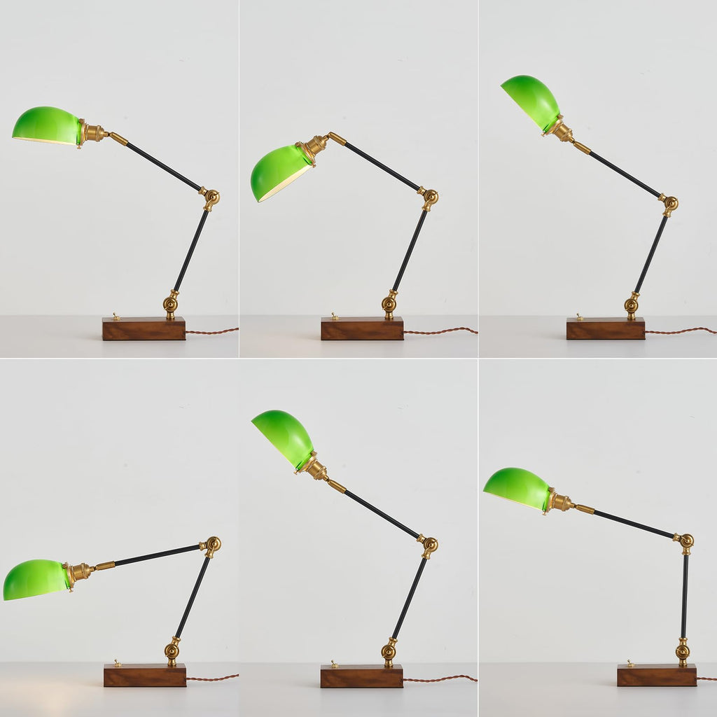 Vintage Green Glass Solid Wood BLack Gold Adjustable Swing Arm Desk Lamp