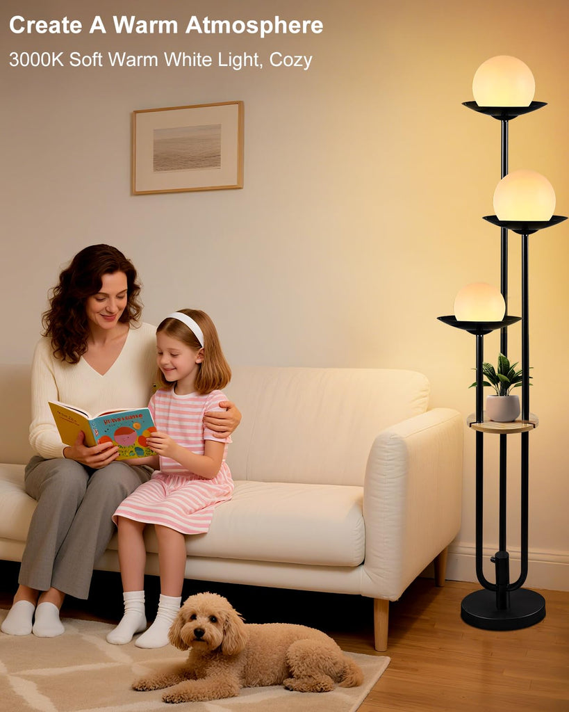 Globe Floor Lamp with Shelf 3-Lights Modern Dimmable Floor Lamps 3000K Warm White Bulbs Included Black Tall Standing