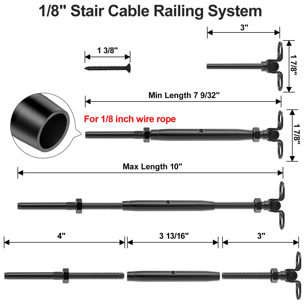 20 Pair 1/8" Black Cable Railing Kit Swage Toggle Turnbuckle Hardware