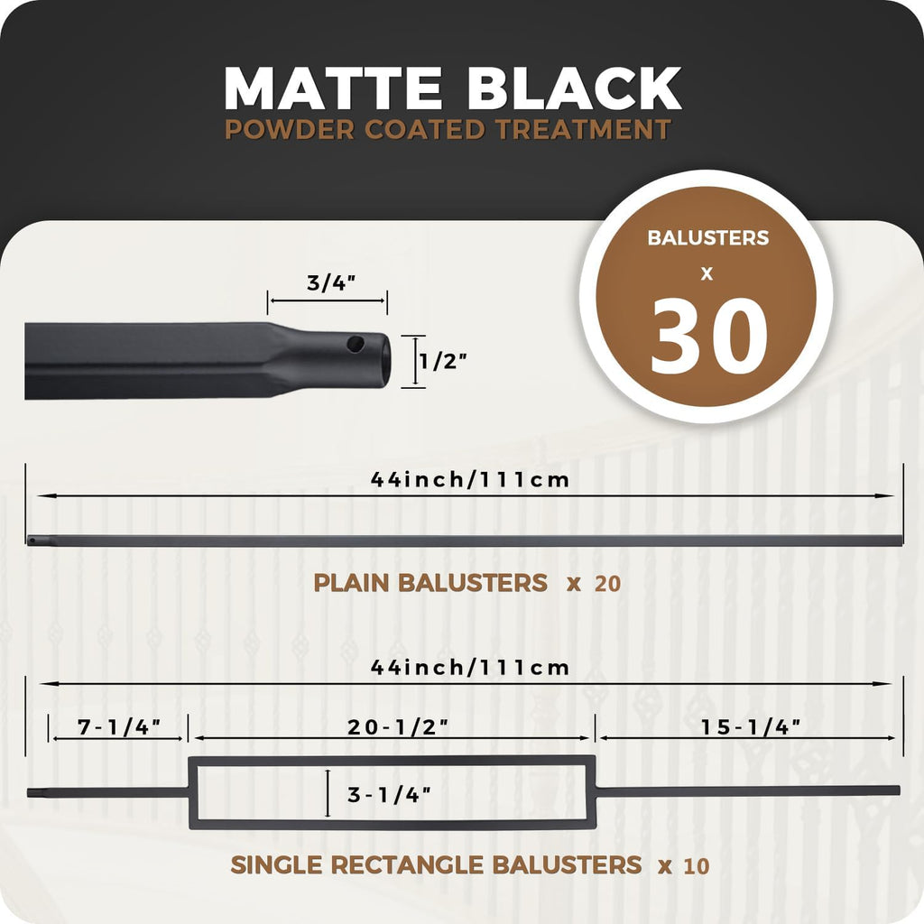 30Pack Wrought Iron Balusters 44 Inches Deck Balusters Combine 1/2" Square Plain Bar Balusters, 10 Single Rectangle