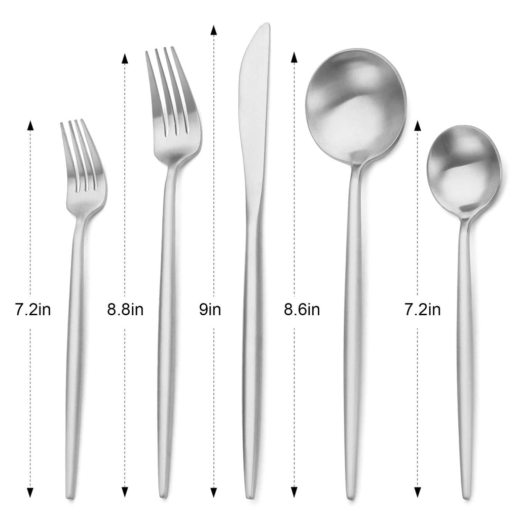 Matte Silver Silverware Set, Stainless Steel Satin Finish, Flatware Cutlery Set for 4, 20-Piece Spoons and Forks