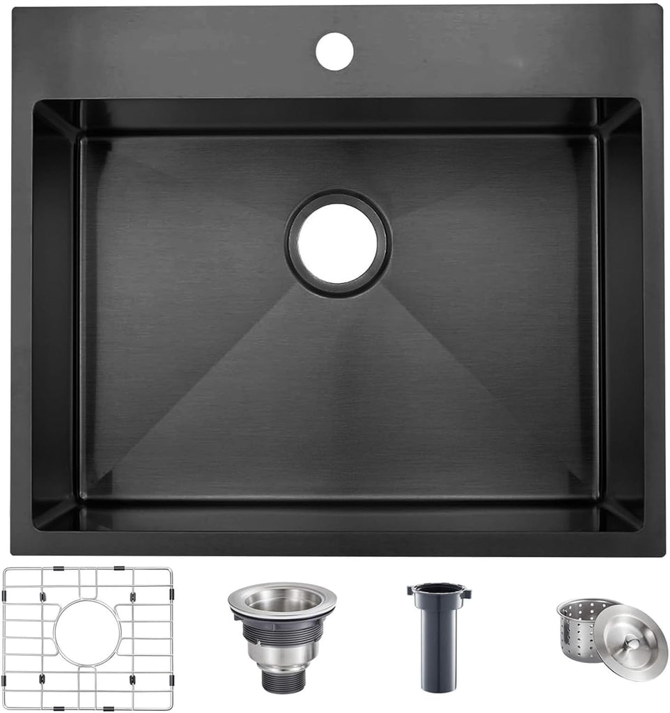 18x18 Inch Drop in Black Bar Sink, Top Mount Handmade 16 Gauge Stainless Steel Small Black Kitchen Sink, 9 Inch Deep