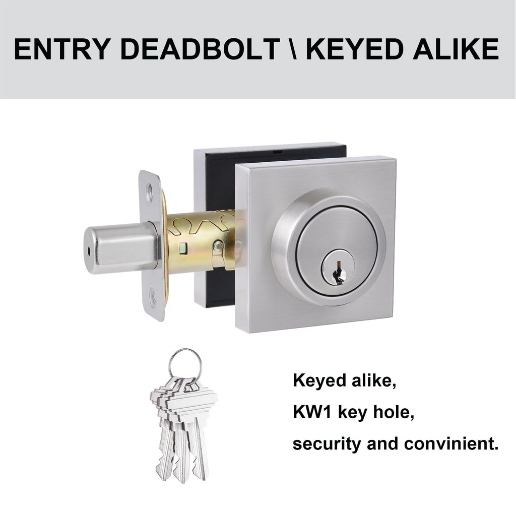 1 Side Keyed Deadbolt Lock, Square Single Cylinder Dead Bolt, Satin Nickel Square Exterior Keyed Deadbolt