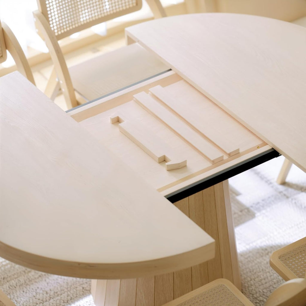 Extendable Dining Table Round-to-Oval 39"-55" with Pedestal Base - Seats 4-6, Wash White Finish, Smooth Rounded Corners