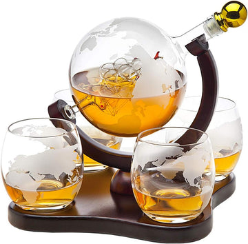 Whiskey Decanter Globe Set with 4 Etched Glasses for Liquor, Scotch, Bourbon, Vodka, Gifts for Men - 850ml Clear - Set of 5