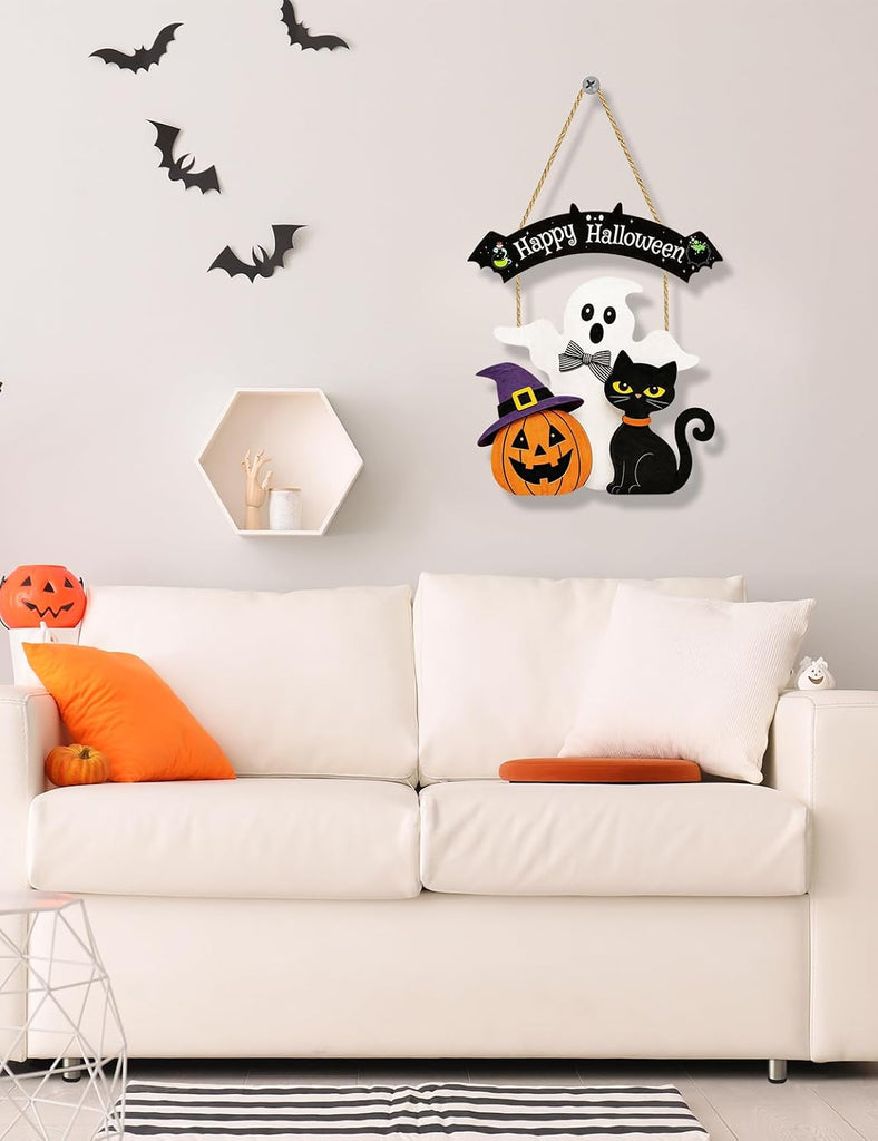 Halloween Wreaths for Front Door Welcome Sign for Happy Halloween Wall Decorations Wooden Boo Ghost Black Cat Pumpkin