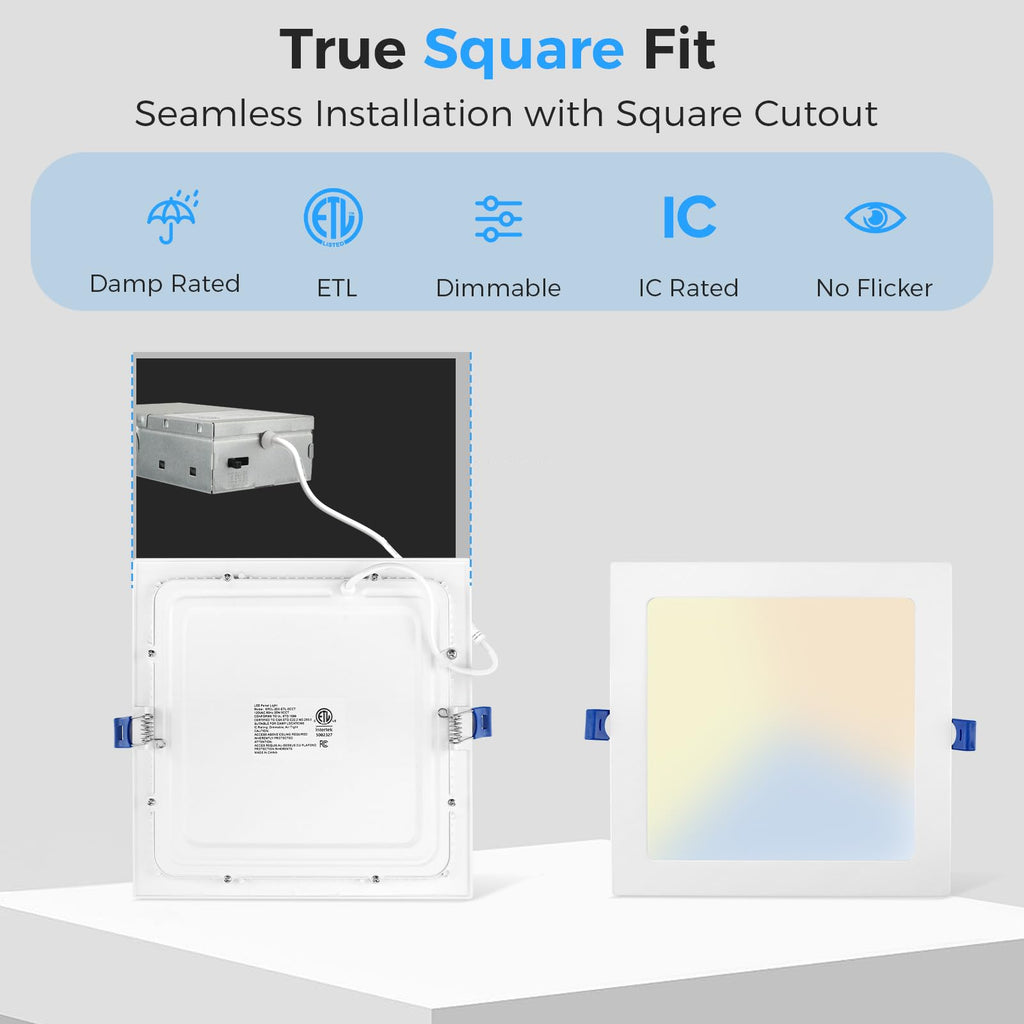 12 Pack 6 Inch Square LED Recessed Lighting, 5CCT, 15W, Dimmable