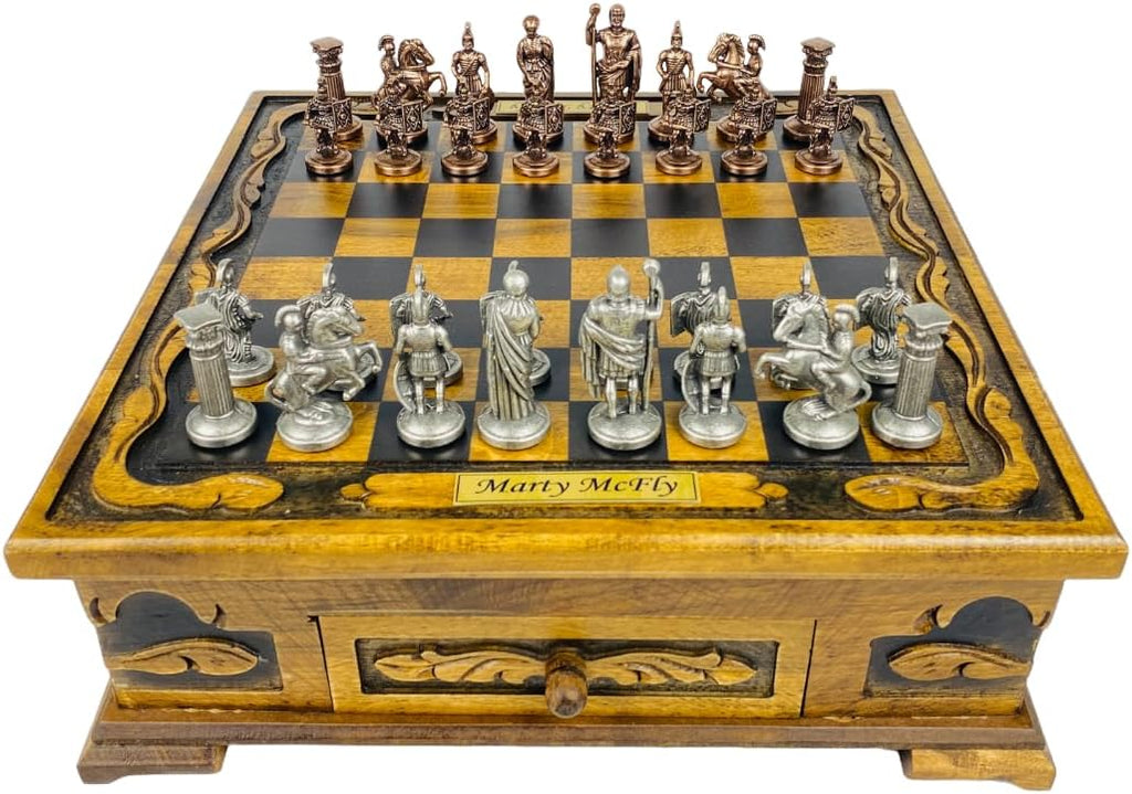 Handcrafted Roman Empire Themed Chess Set with Storage Drawer- 14 inch Customizable Wooden Chessboard- Cast Metal