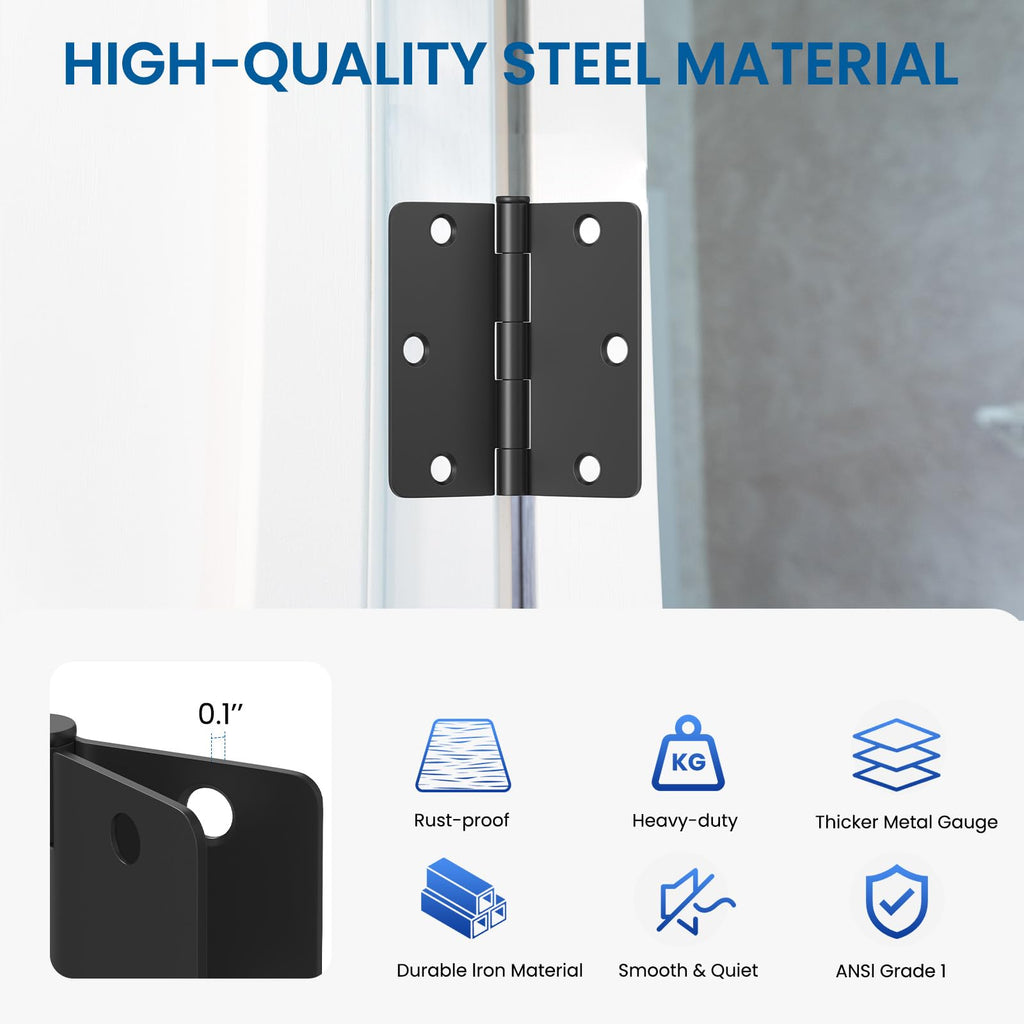 30 Pack Matte Black Door Hinge 3.5 x 3.5 inch with 1/4 Radius, Black 3 1/2 Interior Door Hinges, 3 1⁄2"x 3 1⁄2"