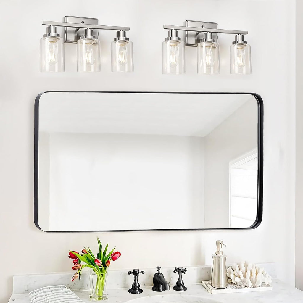 Bathroom Vanity Light Fixtures, 3 Light Wall Sconces Lighting with Clear Glass Shade, Brushed Nickel Wall Lights for