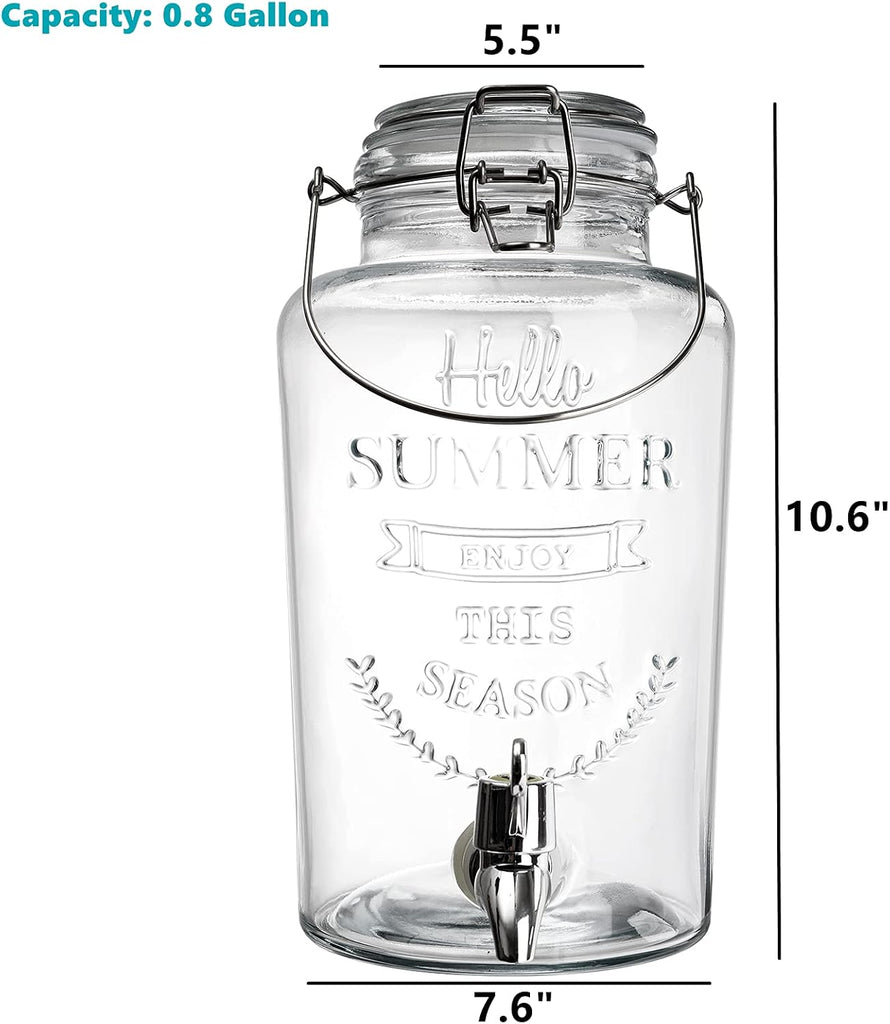 With Spigot, Cold Drink Ice Tea Dispenser with Trigger Clamp Locking Lid, Glass Mason Jar Lemonade Liquid Pitcher