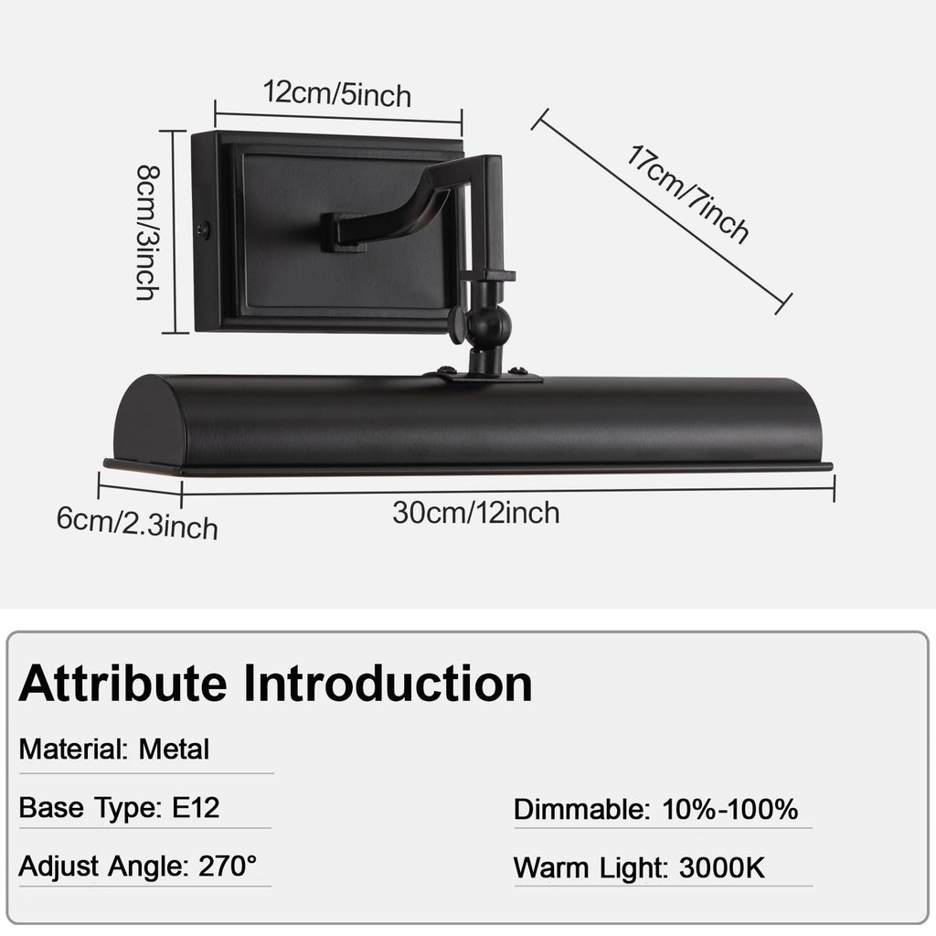 Picture Light for Wall, 12 Inch Black Wall Light Hardwired, 270° Rotatable, E12 Base, 2-Light Picture Frame Lights