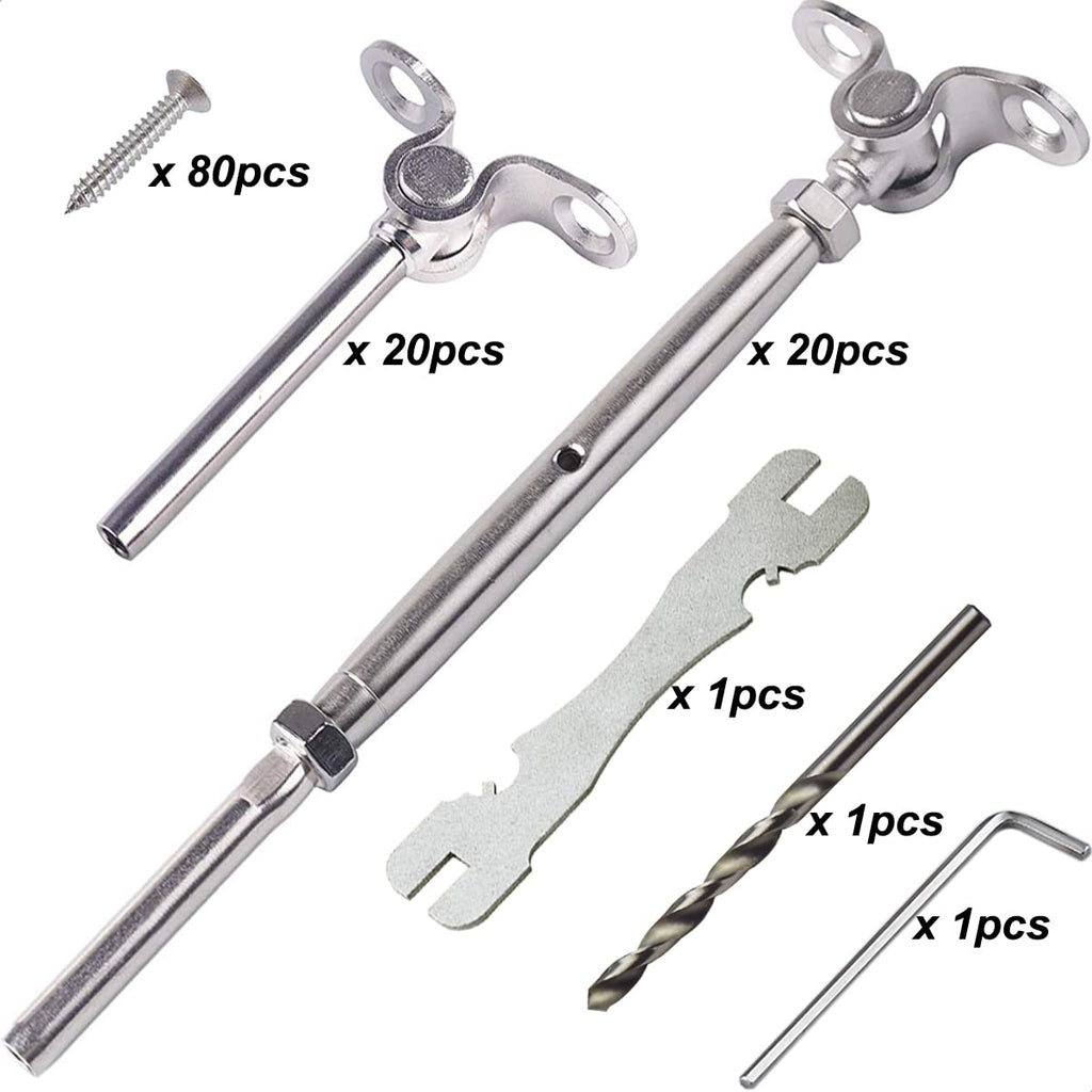 Stainless Steel Cable Railing Hardware Kit for 1/8" Cable Railing System, T316 Marine Grade, Adjustable Angle, 20