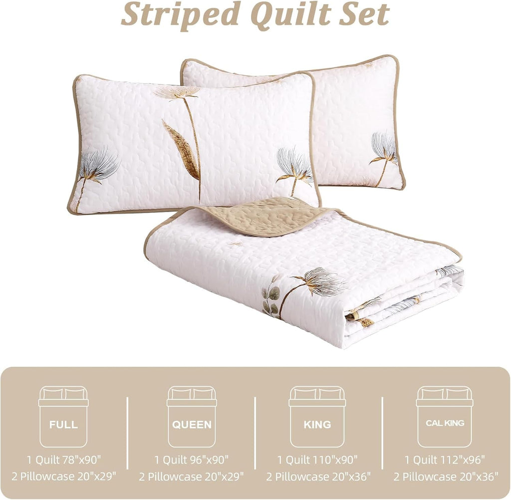 King Quilt Set Floral,3 Pieces Khaki/Beige Farmhouse Quilts Lightweight Fall Bedspreads Flower Pattern Coverlet Bed