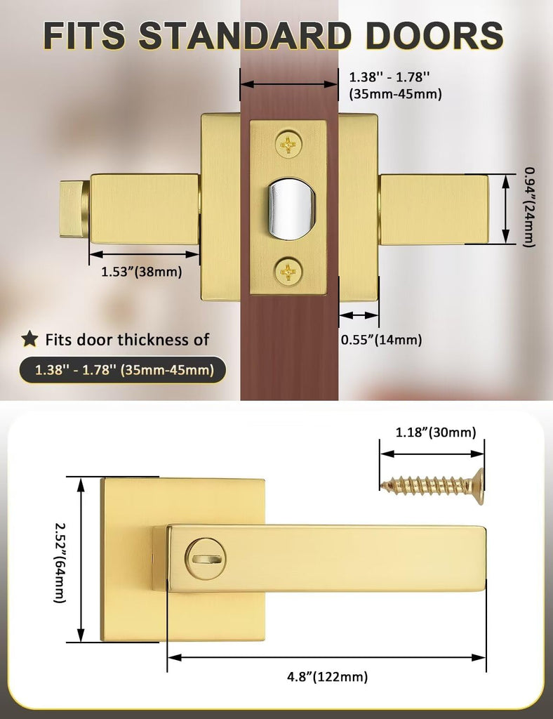 10 Pack Heavy Duty Gold Square Privacy Interior Door Levers, Satin Brass Finish, Bedroom and Bathroom Door Handles