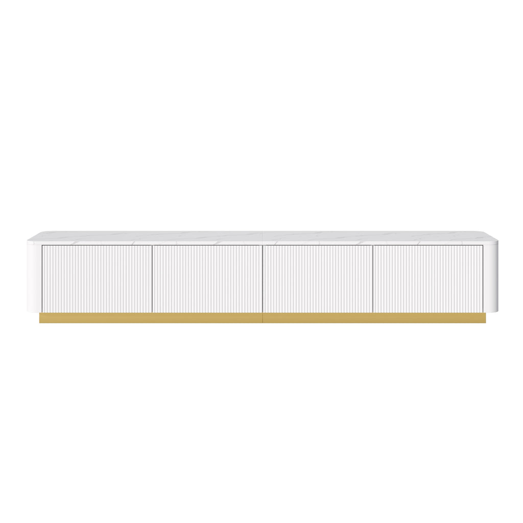 Fluted TV Stand with Gold Base and 4 Drawers, White