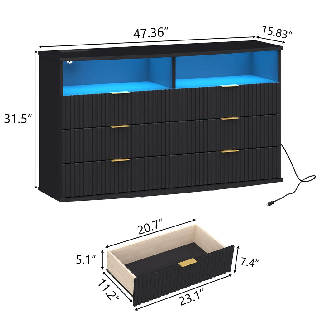6-Drawer Dresser with 2 Open Cubbies, LED & Power Outlet