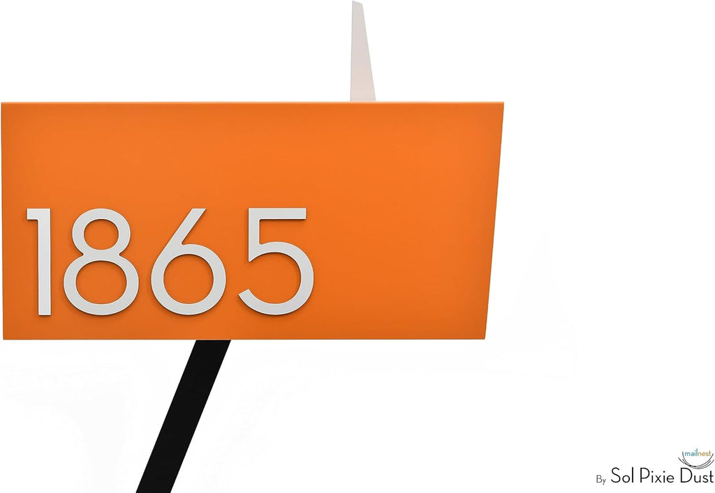 Contemporary Post Mounted Mailbox - Aluminum Orange Body and Aluminum White Door, Numbers and Flag - Modern Design