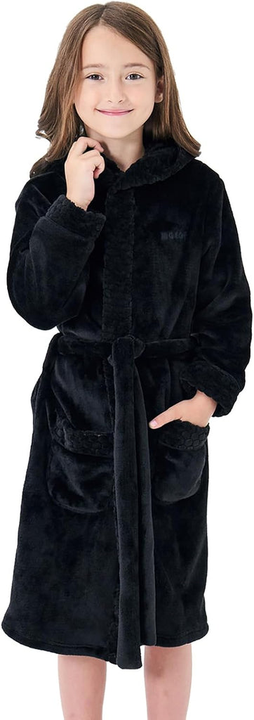 Boys Girls Mid-Weight Plush Fleec Robe Soft and Warm Hooded Bathrobe for Kids