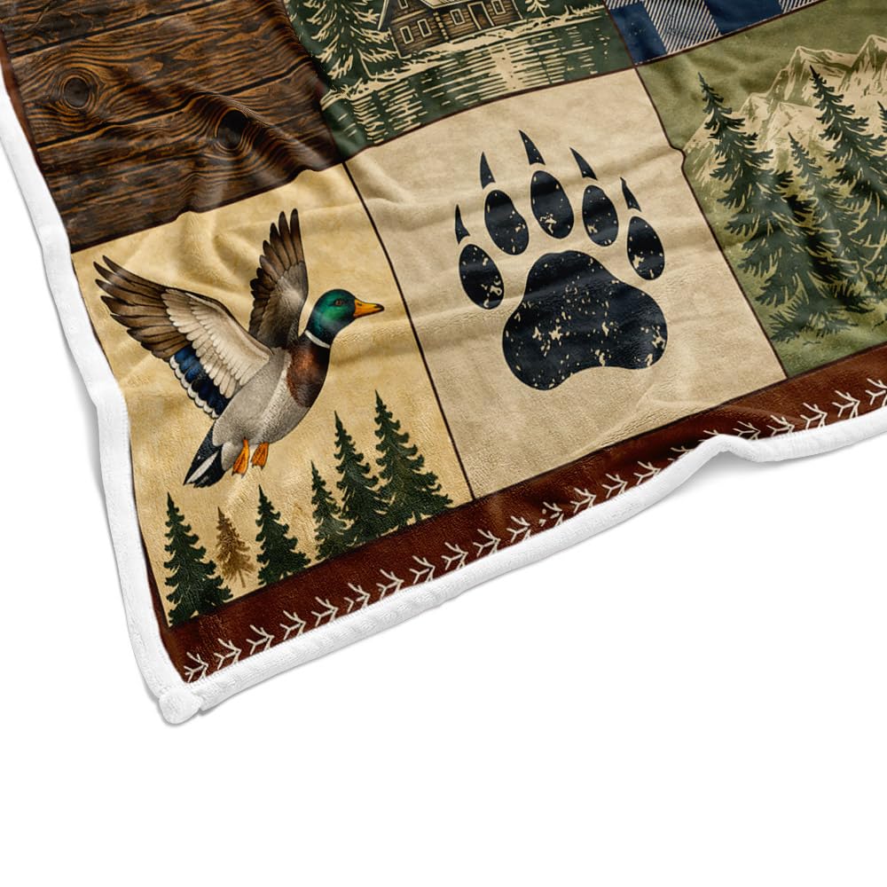 Rustic Cabin Throw Blanket, Bear Deer Duck Plaid Patchwork Lodge Decor