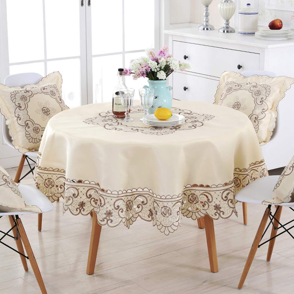 Round Tablecloth 90 Inch, Wrinkle Free and Stain Resistant Floral Damask Lace Round Table Cloth with Ruffle, Party