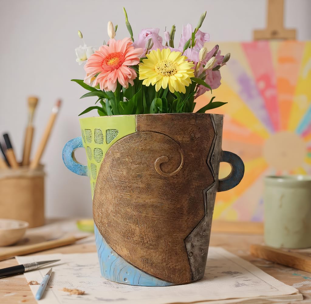 Picasso Abstract Face Flower Pot, Unique Resin Crafted Planter with Drainage Holes, Interesting Colorful Planter with
