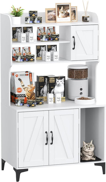 Cat Litter Box Enclosure with 4 Shelves and Storage Cabinet, 51.1 inch Tall Wood Hidden Litter Box Furniture