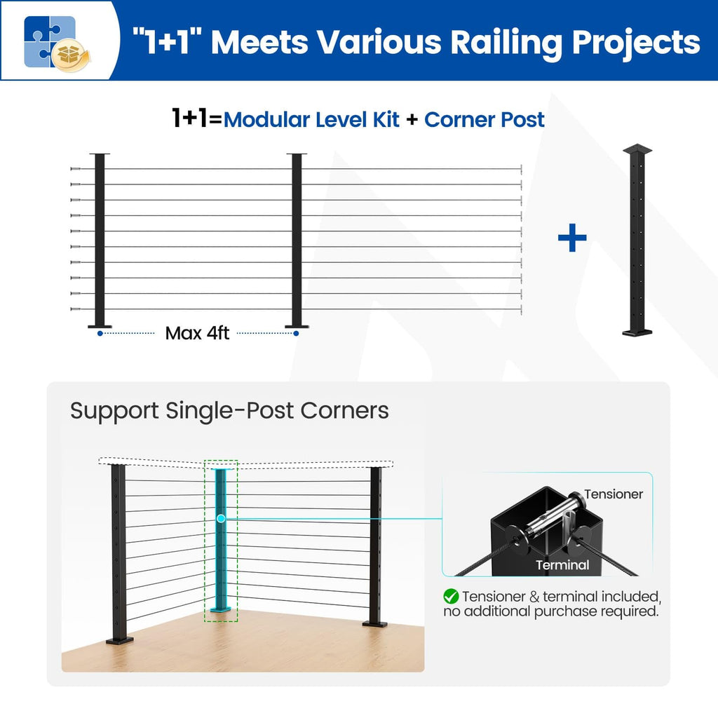 36in Modular Cable Railing Corner Post Surface Mount T-drilled RW39