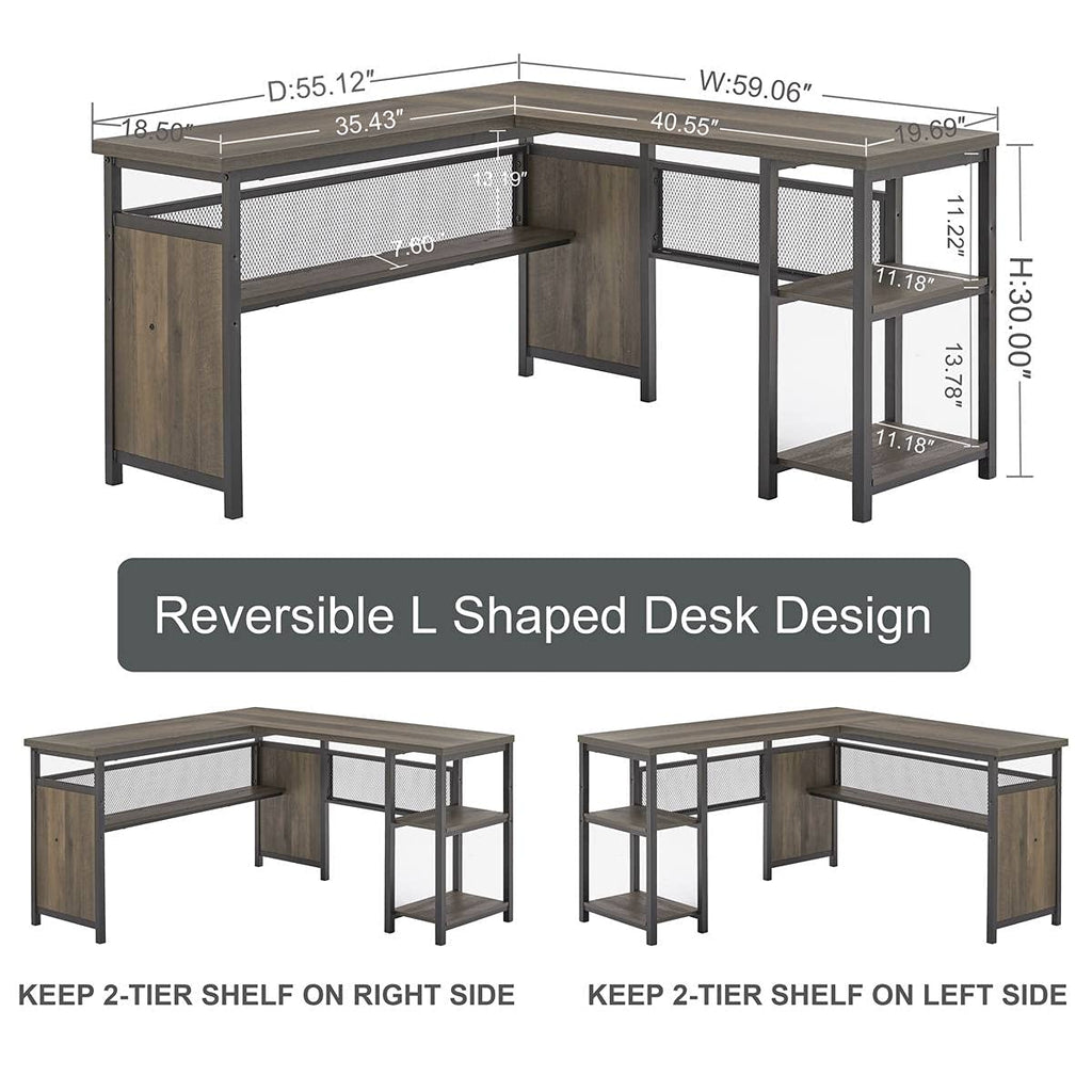 L Shaped Desk, Industrial Reversible Home Office Computer Desk with Wood Shelves, Corner Desks with Metal Legs