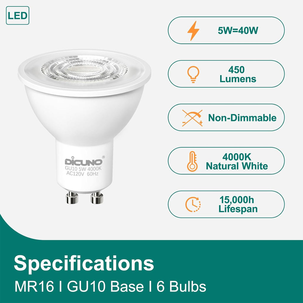 GU10 LED Bulb, 40W Equivalent, Natural White 4000K, 450LM
