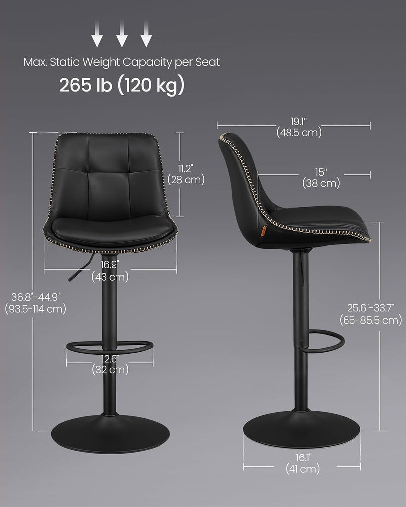 Bar Stools, Set of 4 Swivel Bar Chairs, Adjustable Height, Quilt, Synthetic Leather Kitchen Stools with Back