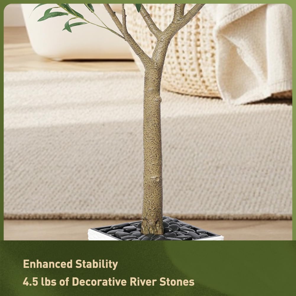 Artificial Olive Tree 6FT, UV Resistant Tall Fake Tree Indoor Outdoor with White Taper Planter & Pebbles - Potted