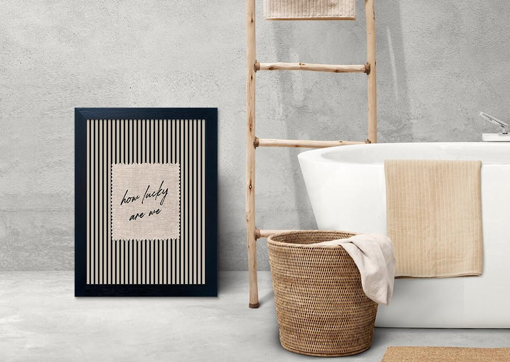 Framed Balck and White Bathroom Canvas Wall Art How Lucky Are We Quote Print Black Striped Painting Modern Minimalist