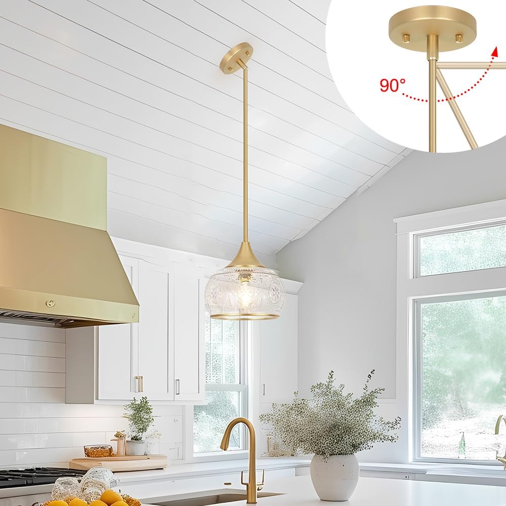 Gold Pendant Light - Modern Pendant Lights Kitchen Island with Handblown Glass, Vintage Hanging Light for Kitchen