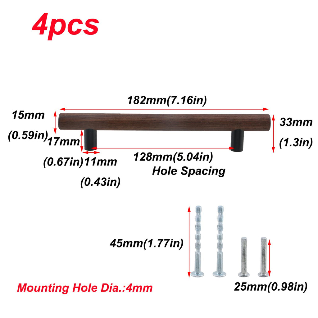 4-Pack Walnut Wood Drawer Pulls, 5.04" Hole Center, 7.16" Length