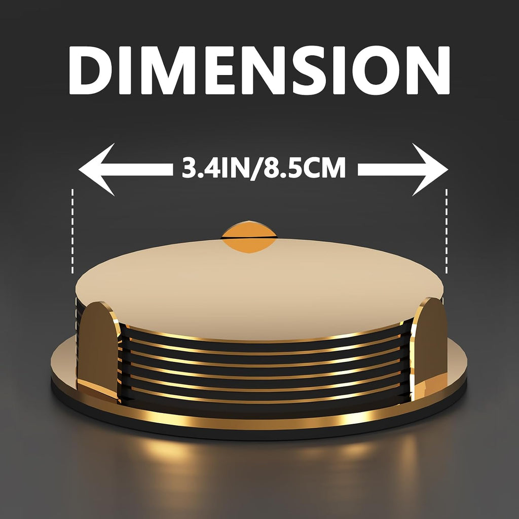 Gold Stainless Steel Coasters with Holder, Modern Mirror Drink Coaster, Unique Round Cup Coasters - Set of 6