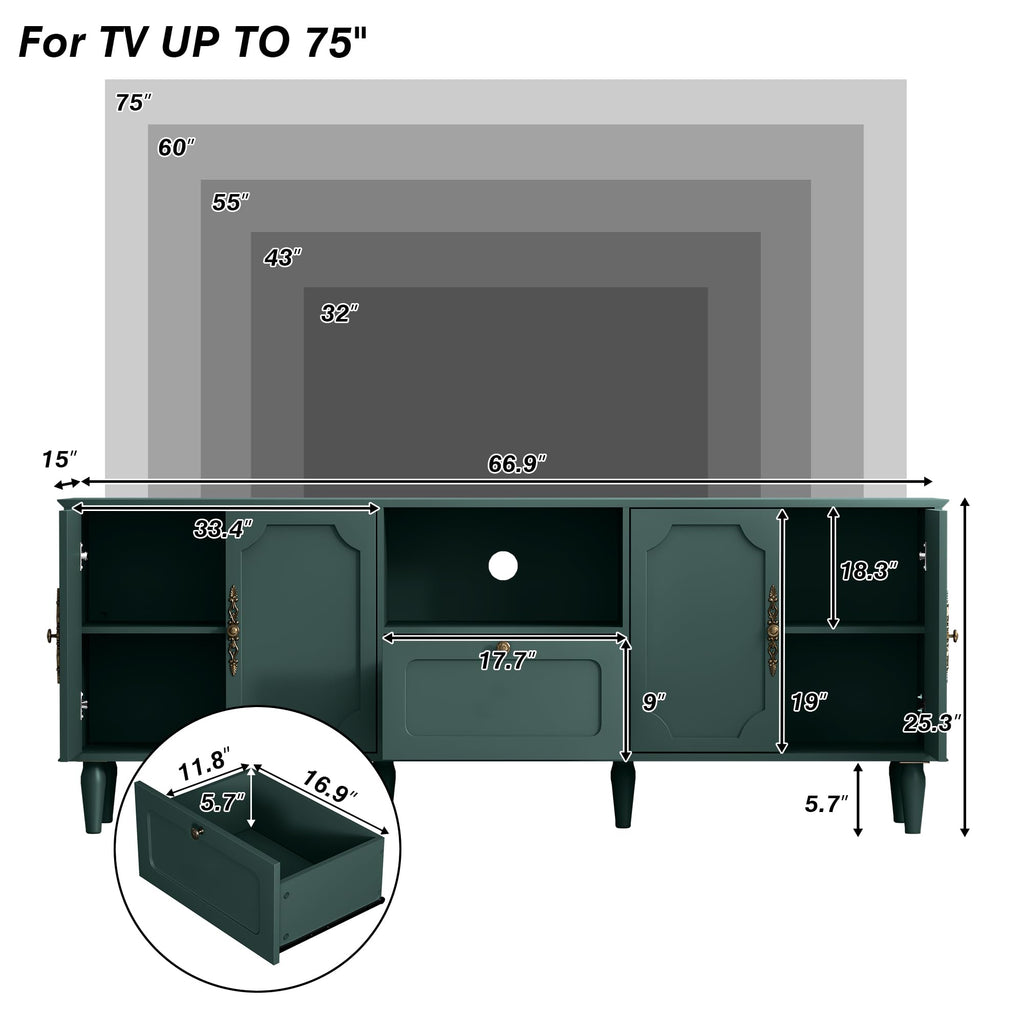 Vintage TV Stand for 75 inch TV, Green TV Console